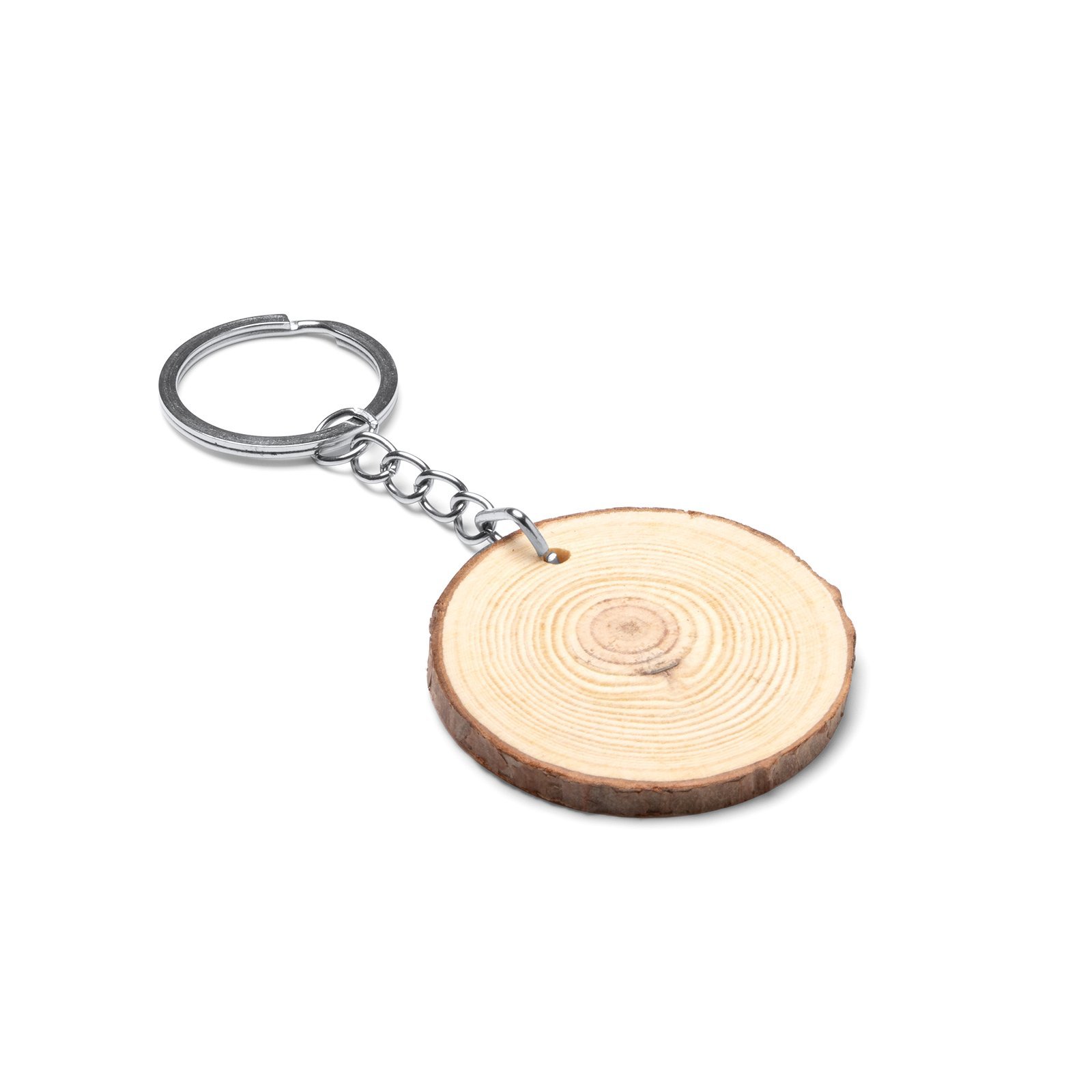 Llavero de madera natural, ideal para regalos y accesorios personalizados.