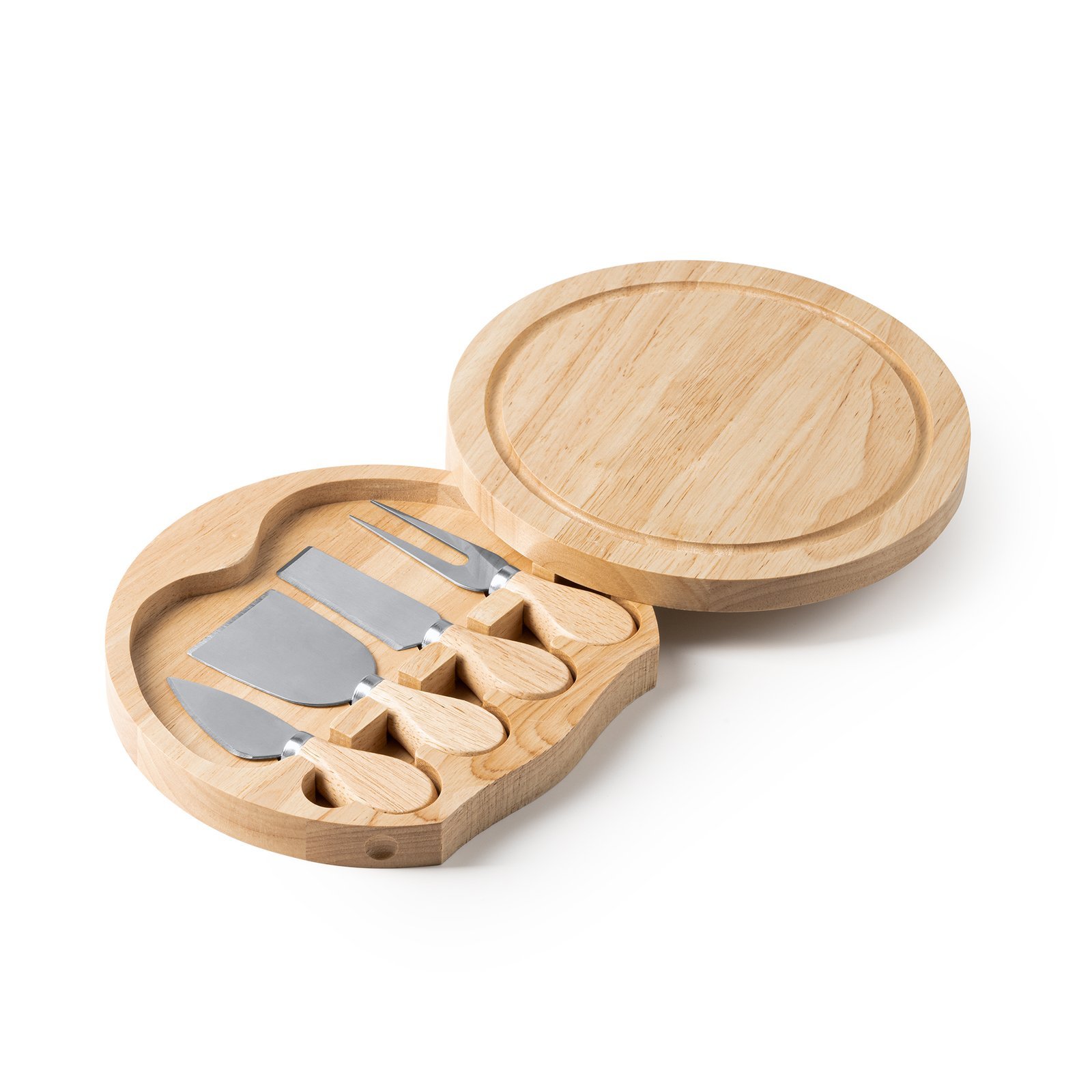 Juego de utensilios para queso en caja de madera natural.