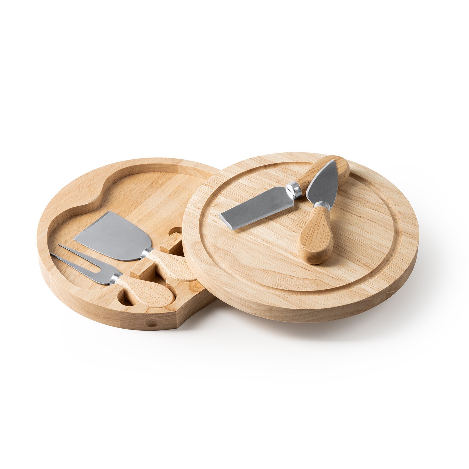 Cesta de quesos de madera con cuchillos para queso, ideal para servir en mesas y eventos.